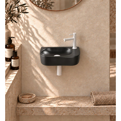 QeramiQ Fuente pack lave-mains – demi-rond – 40 x 21,5 x 12 cm – céramique noir mat – robinet blanc mat