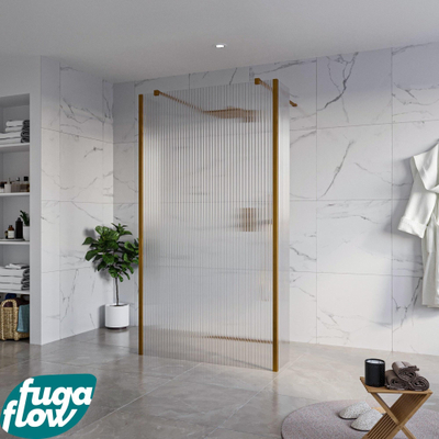 FugaFlow Eccelente Vetro Douche à l'italienne - 110x200cm - verre clair nervuré - anticalcaire - verre de sécurité 8mm - 2 parois latérales 40cm - avec bras muraux et profilés d'angle - Cuivre brossé
