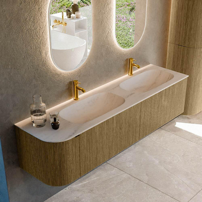 MONDIAZ KURVE-DLUX 175cm badmeubel ronding Links kleur Dusk met 2 lades en 1 deur. Wastafel STOR SMALL Dubbel / Rechts 2 kraangaten Meli.