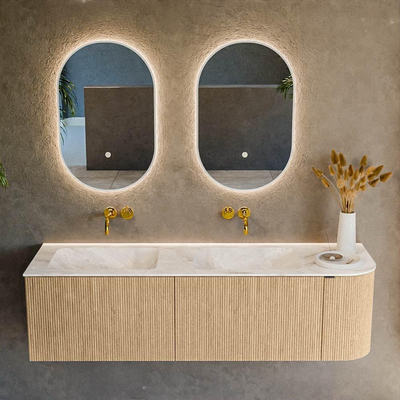 MONDIAZ KURVE-DLUX 155cm badmeubel met module 25 R kleur Oak met 2 lades en 1 deur. Wastafel LEAF dubbel / links zonder kraangat kleur Frappe.