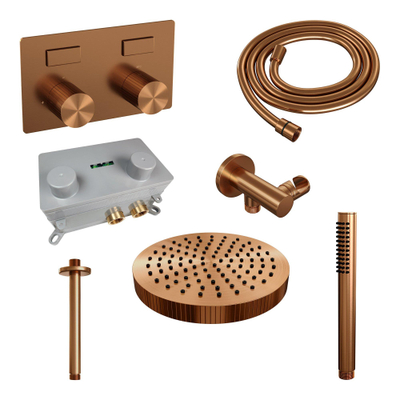 BRAUER Stripe Thermostatische Inbouw Regendouche - drukknoppen - SET 27 - 25cm douchekop - plafondarm - staaf handdouche - doucheslang - wandaansluitbocht - koper geborsteld PVD