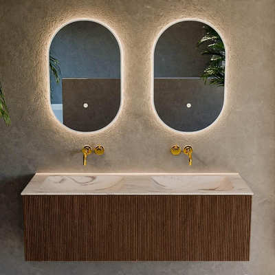 MONDIAZ KURVE-DLUX Meuble de salle de bains 130cm couleur Walnut avec 2 tiroirs et 0 portes. Lavabo LEAF Double sans trou de robinet Nata.