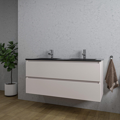 Saniclass Chaci Meuble de salle de bain - 120x46x55cm - lavabo en céramique noir - 2 vasques - 2 trous de robinet - 2 tiroirs - mat cotton (beige)