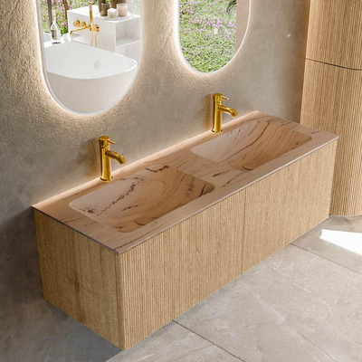 MONDIAZ KURVE-DLUX Meuble de salle de bains 130 cm couleur Oak avec 2 tiroirs et 0 portes. Lavabo LEAF Double 2 trous de robinet Arena.