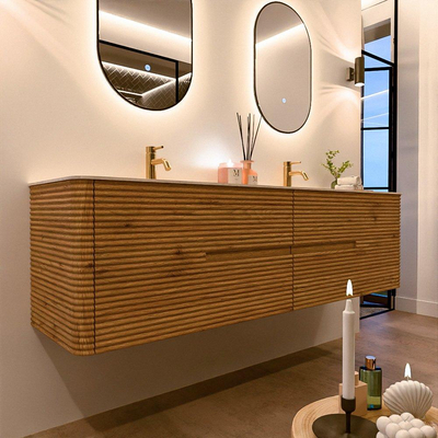 Mondiaz CIRO-DLUX Badkamermeubelset - 180x45x50cm - Solid surface wastafel Meli - 2 wasbak Dubbel - 2 kraangaten - 4 lades - Oak