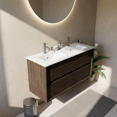 Saniclass Holz Frame Ensemble de meubles de salle de bains - 120x45x62cm - lavabo Vygo en céramique blanc - 2 vasques - 2 trous de robinetterie - 2 tiroirs - chêne charcoal mat (bois)