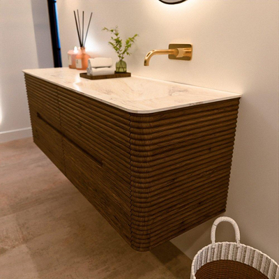 Mondiaz CIRO-DLUX Badkamermeubelset - 140x45x50cm - Solid surface wastafel Ostra - 1 wasbak Rechts - zonder kraangaten - 4 lades - Dusk