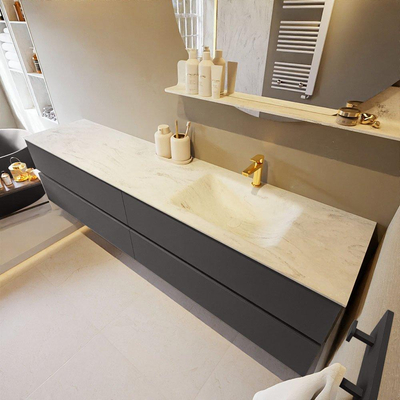 Mondiaz VICA-DLUX ensemble de meuble de salle de bain - 200cm - meuble sous-vasque gris foncé - 4 tiroirs - lavabo encastré cloud droite - 1 trou de robinet - version haute de 60cm - opalo