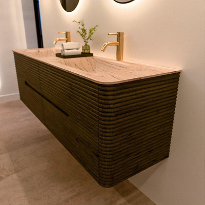 Mondiaz CIRO-DLUX Meuble de salle de bains - 160x45x50cm - Plan vasque solid surface Arena - 2 vasques double - 2 trous de robinetterie - 4 tiroirs - Shadow