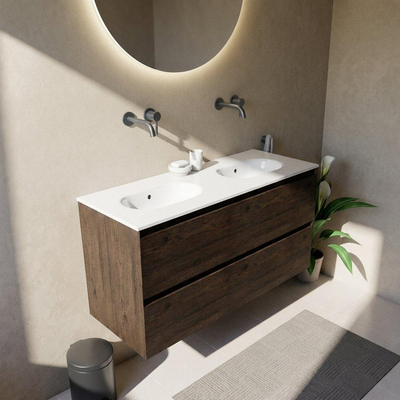 Saniclass Holz Pure Ensemble de meubles de salle de bains - 120x45x74cm - lavabo Chaci en céramique blanc - 2 vasques - sans trous de robinetterie - 4 tiroirs - chêne charcoal mat (bois)