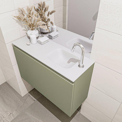 MONDIAZ OLAN Toiletmeubel 80x30x40cm met 1 kraangaten 1 lades army mat Wastafel Lex rechts Solid Surface Wit
