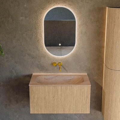 MONDIAZ KURVE-DLUX Meuble de salle de bains 80cm couleur Chêne avec 1 tiroir et 0 porte. Lavabo BIG SMALL Central sans trou de robinet Saba.