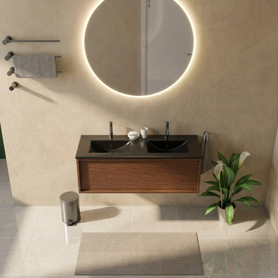 Saniclass Holz Frame Ensemble meuble de salle de bains - 120x45x42cm - Lavabo Vygo en céramique noir - 2 vasques - 2 trous de robinetterie - 1 tiroir - walnut pure mat (bois)