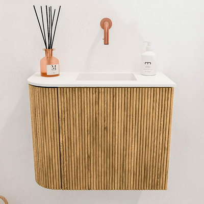 Mondiaz JOYA 51.6cm toiletmeubel - ronding links kleur Oak - Wastafel FAYE positie Rechts Zonder kraangat kleur Talc.