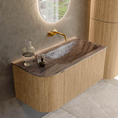 MONDIAZ KURVE-DLUX Meuble de salle de bains 95cm arrondi à gauche couleur Chêne avec 1 tiroir et 1 porte. Lavabo BIG SMALL à droite sans trou de robinet Oza.