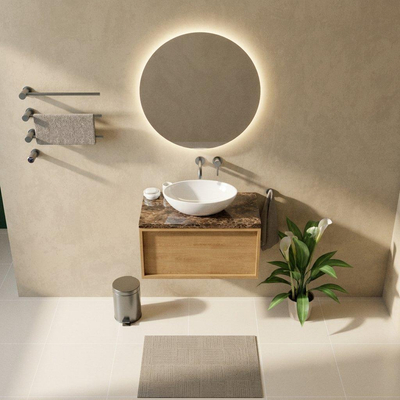 Saniclass Holz Frame Ensemble de meubles de salle de bains - 80x45x43cm - Plan de travail en pierre naturelle Noche dark emperador - sans trou de robinetterie - 1 tiroir - chêne natural mat (bois)