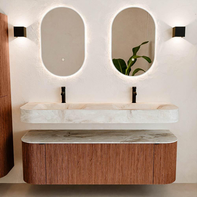 MONDIAZ THOR-DLUX 150cm meuble de salle de bains arrondi gauche + droite couleur Ruby avec 1 tiroir et 2 portes. Vasque suspendue CLOUD Double 2 trous de robinet couleur Frappe.