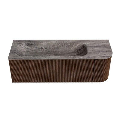 MONDIAZ KURVE-DLUX meuble de salle de bains 135cm arrondi droit couleur noyer avec 1 tiroir et 1 porte. Vasque BIG MEDIUM gauche sans trou de robinet Oza.