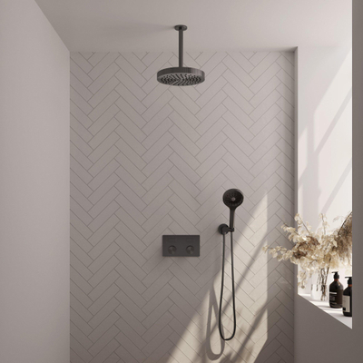 BRAUER Stripe Thermostatische Inbouw Regendouche - drukknoppen - SET 30 - 25cm douchekop - plafondarm - 3-standen handdouche - doucheslang - wandaansluitbocht - gunmetal geborsteld PVD