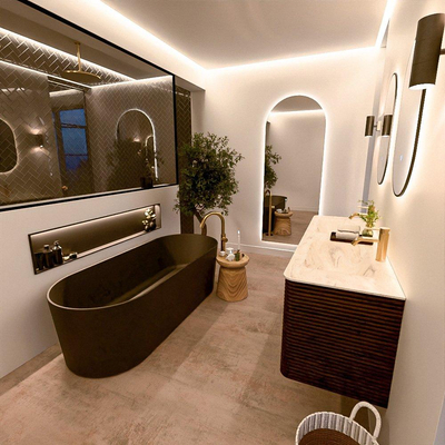 Mondiaz CIRO-DLUX Ensemble de meubles de salle de bains - 150x45x50cm - Plan vasque Solid surface Ostra - 2 vasques Double - 2 trous de robinetterie - 4 tiroirs - Noyer