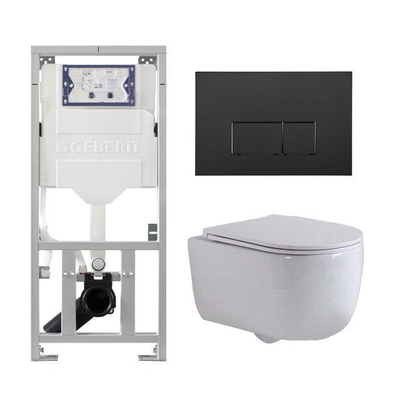 QeramiQ Dely Swirl Ensemble WC- 36,3x51,7 cm - Réservoir encastré Geberit UP320 - Abattant fin - Plaque de commande métallique noire mate - Boutons rectangulaires - Blanc brillant