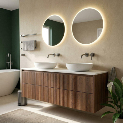 Saniclass Holz Atelier Ensemble de meubles de salle de bains - 160x45x62.5cm - plan de toilette Torino en solid surface blanc - sans trou de robinetterie - 4 tiroirs - walnut pure mat (bois)