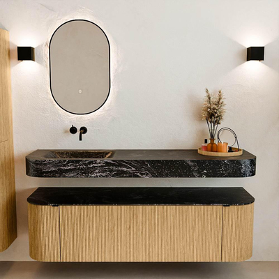 MONDIAZ THOR-DLUX 160cm meuble de salle de bains arrondi gauche + droite couleur Oak avec 1 tiroir et 2 portes. Vasque suspendue CLOUD Gauche sans trou de robinet couleur Lava.