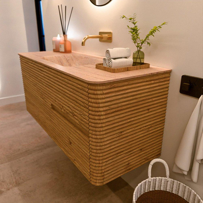 Mondiaz CIRO-DLUX Ensemble de meubles de salle de bains - 120x45x50cm - Plan vasque solid surface Saba - 1 vasque au milieu - sans trous de robinetterie - 2 tiroirs - Chêne