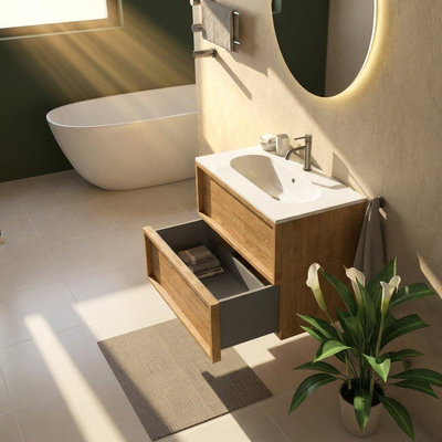 Saniclass Holz Frame Ensemble meuble de salle de bains - 80x45x73.9cm - Lavabo en céramique Chaci blanc - 1 vasque - 1 trou de robinet - 2 tiroirs - chêne natural mat (bois)