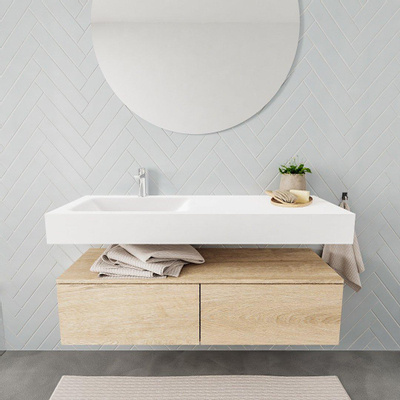 MONDIAZ ALAN 120cm - caisson bas - chêne blanchi - 2 tiroirs - lavabo suspendu - cuve à gauche - 1 trou de robinet - talc