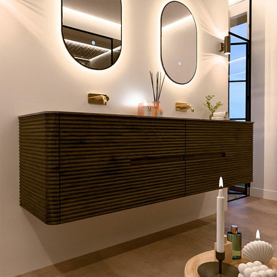 Mondiaz CIRO-DLUX Ensemble meuble de salle de bains - 180x45x50cm - Plan vasque solid surface Oza - 2 vasques Double - sans trous de robinet - 4 tiroirs - Shadow