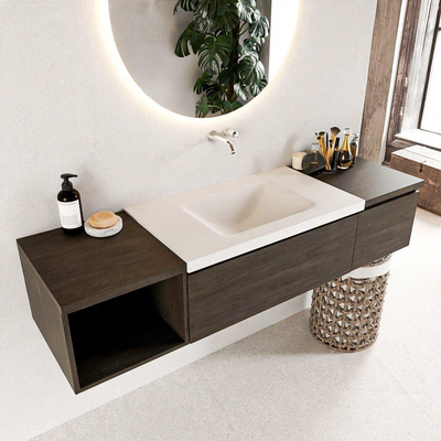 MONDIAZ BUKLA Meuble de salle de bains 160cm avec module ouvert 40 à gauche couleur Dark Brown avec 2 tiroirs. Lavabo CLOUD central 0 trou de robinet couleur Talc.