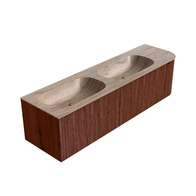 MONDIAZ KURVE-DLUX Meuble de salle de bains 165cm arrondi à droite couleur Ruby avec 2 tiroirs et 1 porte. Lavabo STOR SMALL Double / Gauche 2 trous de robinet Saba.