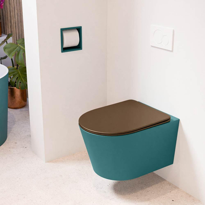 Mondiaz LAVIE hangtoilet – spoelrandloos – 36 x 53 cm – met softclose zitting – Smag (groen), zitting Rust (bruin)