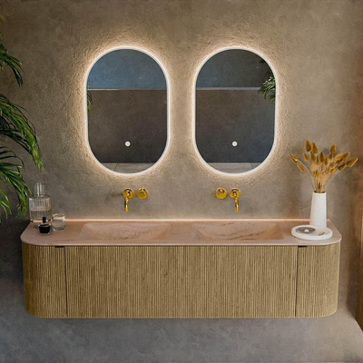 MONDIAZ KURVE-DLUX Meuble de salle de bains 170cm arrondi Gauche + Droite couleur Dusk avec 1 tiroir et 2 portes. Lavabo LEAF Double sans trou de robinet Saba.
