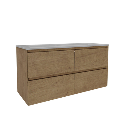 Saniclass Holz Pure Meuble de salle de bain - 120x45x60cm - lavabo en céramique blanc - 2 vasques - sans trous de robinet - 4 tiroirs - Chêne Natural