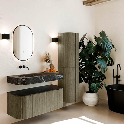 MONDIAZ THOR-DLUX 110cm meuble de salle de bains arrondi gauche + droite couleur Shadow avec 1 tiroir et 2 portes. Vasque suspendue CLOUD Gauche sans trou de robinet couleur Lava.