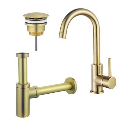 FugaFlow Eccelente Sobrado Kit robinet lavabo - robinet haut - bec rotatif - bonde non-obturable - siphon design - Laiton brossé PVD