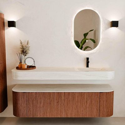 MONDIAZ THOR-DLUX 160cm meuble de salle de bains arrondi gauche + droite couleur Ruby avec 1 tiroir et 2 portes. Vasque suspendue CLOUD Droite 1 trou de robinet couleur Meli.