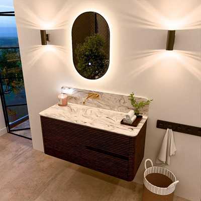 Mondiaz CIRO-DLUX Badkamermeubelset - 110x45x50cm - Solid surface wastafel Glace - 1 wasbak Links - zonder kraangaten - 2 lades - Walnut