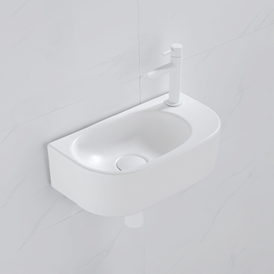 QeramiQ Fuente Ensemble lave-mains - 40x21.5x12cm - droit - lisse - semi-rond - 1 trou de robinet - céramique - robinet de lave-mains blanc mat - bouchon de vidage - siphon réduit - blanc mat