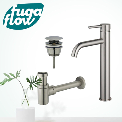 FugaFlow Eccelente Sobrado Badkamer Wastafelkraanset - verhoogde wastafelkraan - klikwaste plug - verlaagde design sifon - PVD Geborsteld RVS