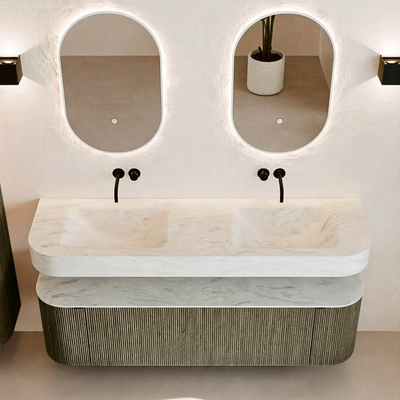 MONDIAZ THOR-DLUX 160cm badmeubel ronding links + rechts kleur Shadow met 1 lade en 2 deuren. Vrijhangende wastafel CLOUD Dubbel zonder kraangat kleur Opalo.