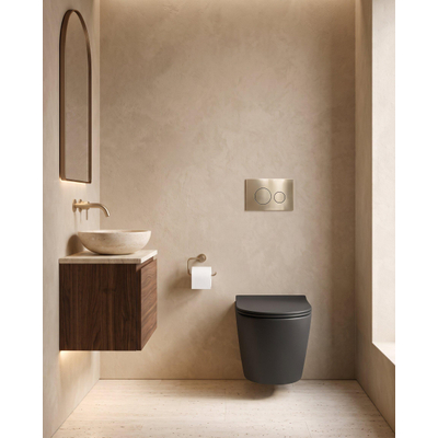 QeramiQ Dely Toiletset - 36.3x51.7cm - Geberit UP720 inbouwreservoir - rimless - diepspoel - zitting - softclose - bedieningsplaat geborsteld messing - ronde knoppen - mat zwart