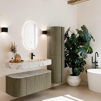 MONDIAZ THOR-DLUX Meuble de salle de bains 110cm arrondi gauche + droite couleur Shadow avec 1 tiroir et 2 portes. Vasque suspendue CLOUD Droite 1 trou de robinet couleur Glace.