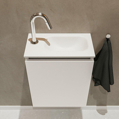 MONDIAZ TURE Fonteinset - 40x23x50cm - 1 kraangat - 1 deur - linen mat - Wasbak rechts - Solid Surface Wit