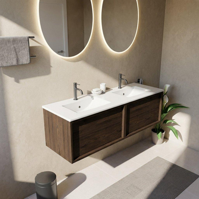 Saniclass Holz Frame Ensemble de meubles de salle de bains - 140x45x42cm - Lavabo Vygo en céramique blanc - 2 vasques - 2 trous de robinetterie - 2 tiroirs - chêne charcoal brillant (bois)