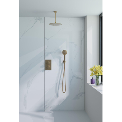 Fortifura Calvi Inbouw Regendoucheset - thermostatisch - plafondarm - 25cm hoofddouche - ronde handdouche - metalen doucheslang - geborsteld Messing PVD (Goud)