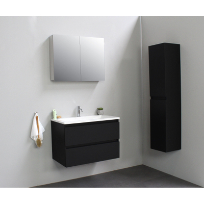 Basic Bella Meuble salle de bains avec lavabo acrylique Blanc avec armoire toilette 2 portes gris 80x55x46cm 1 trou de robinet Noir mat