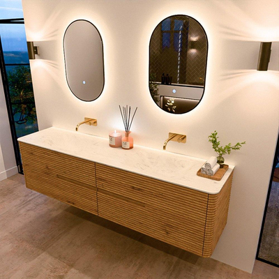 Mondiaz CIRO-DLUX Ensemble de meubles de salle de bains - 190x45x50cm - Plan vasque en solid surface Opalo - 2 cuves Double - sans trous de robinet - 4 tiroirs - Chêne